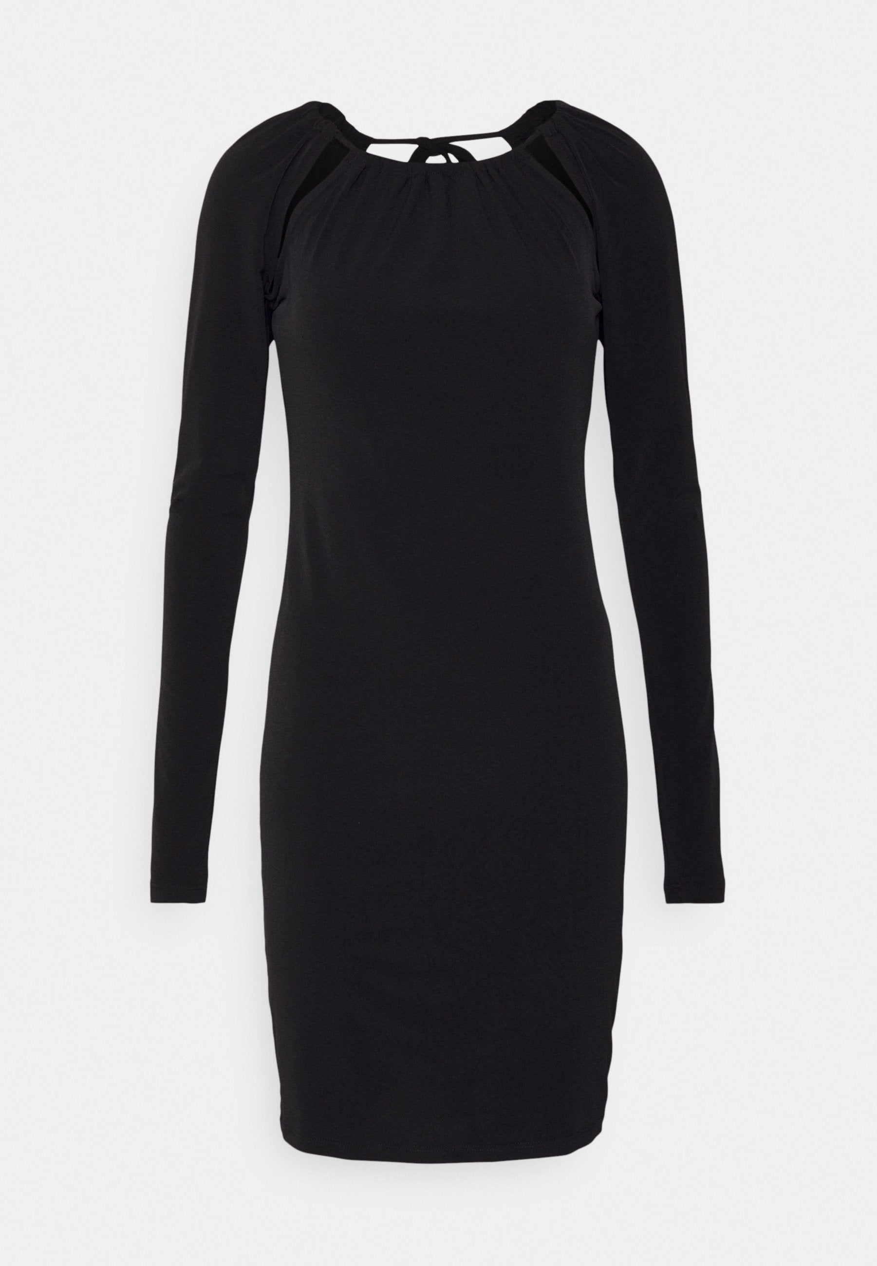 Schwarzes langärmeliges Kleid mit figurbetonter Silhouette, gerafften Schultern und einem Schlüssellochausschnitt mit Bindeschluss, aus dehnbarem Stoff gefertigt.