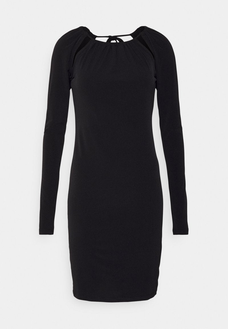 Schwarzes langärmeliges Kleid mit figurbetonter Silhouette, gerafften Schultern und einem Schlüssellochausschnitt mit Bindeschluss, aus dehnbarem Stoff gefertigt.