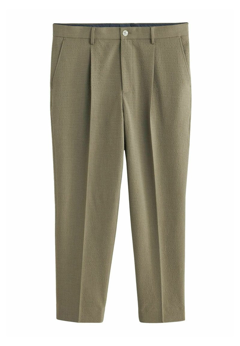 Helle olivgrüne Hose aus strukturiertem Material, mit tailliertem Schnitt, Vorderfalten und einem Knopfverschluss am Bund.