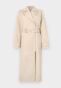 Beige Trenchcoat mit einem doppelt breiten Design, Reißverschluss, tailliertem Gürtel und Seitentaschen. Mit strukturierten Schultern und langen Ärmeln.