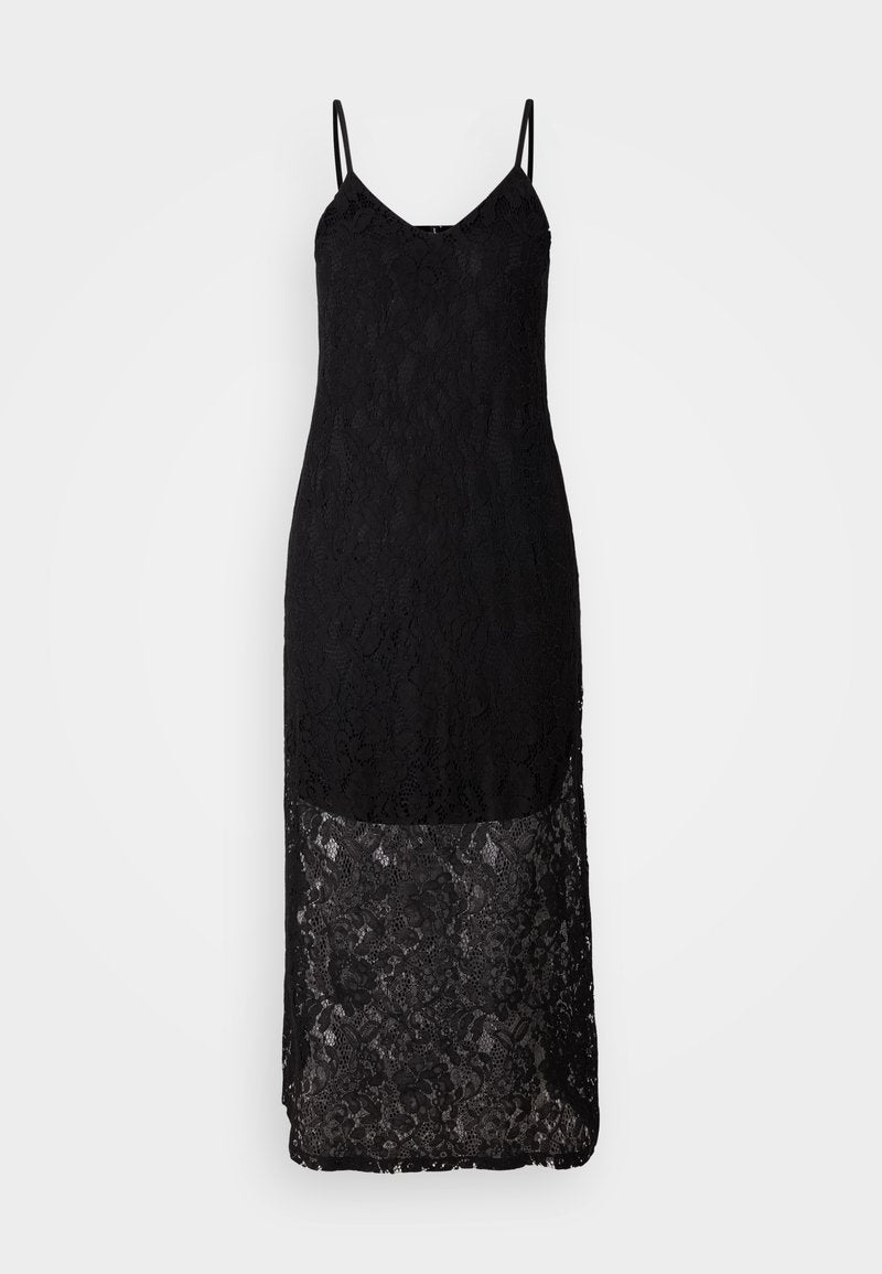 Schwarzes Spitzenkleid mit dünnen Spaghettiträgern, V-Ausschnitt und einer langen, enganliegenden Silhouette, die am Saum einen transparenten Spitzenabschnitt aufweist.