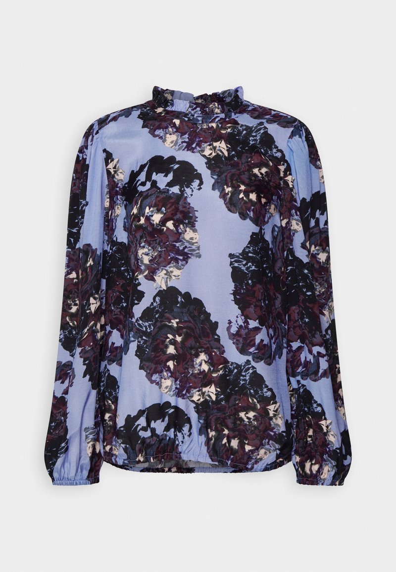 Langärmlige Bluse in Hellblau mit dunkelblumenmuster. Verfügt über einen Rüschenausschnitt und elastische Bündchen für zusätzlichen Textur.