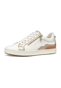 Weißer Sneaker mit goldfarbenen Lederakzenten und einem seitlichen Reißverschluss. Verfügt über eine profilierte Sohle und traditionelle Schnürung mit einem glatten, abgerundeten Design.