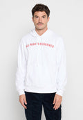 Weißer Hoodie mit einer vorderen Kängurutasche, verziert mit rotem Text "ALL RIGHT'S RESERVED" in einem gewölbten Design. Weiches Material mit Kapuze und Kordelzug.