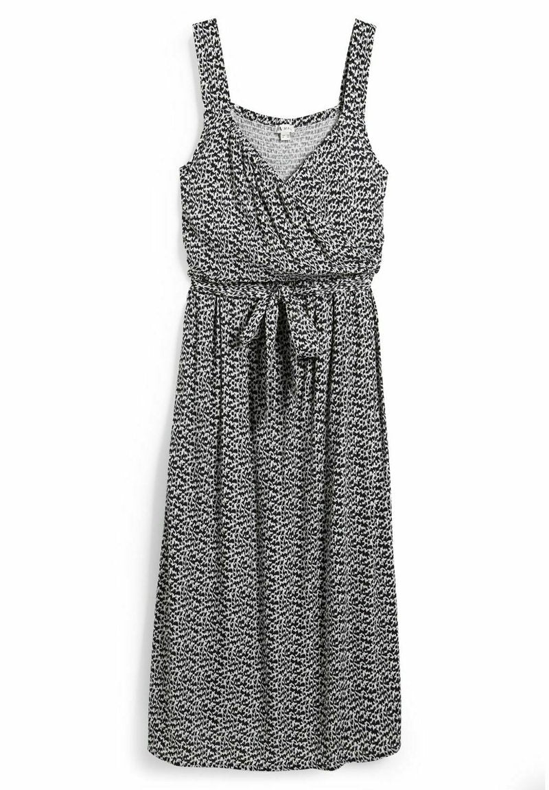 Schwarz-weiß gemustertes Kleid mit einem quadratischen Ausschnitt, breiten Trägern, Wickeloptik und einem Gürtel in der Taille. Leichter Stoff, A-Linien-Schnitt.
