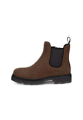 Braune Wildleder Chelsea-Boots mit schwarzem elastischem seitlichen Einsatz, Zuglasche an der Ferse und dicker schwarzer profilierter Sohle.