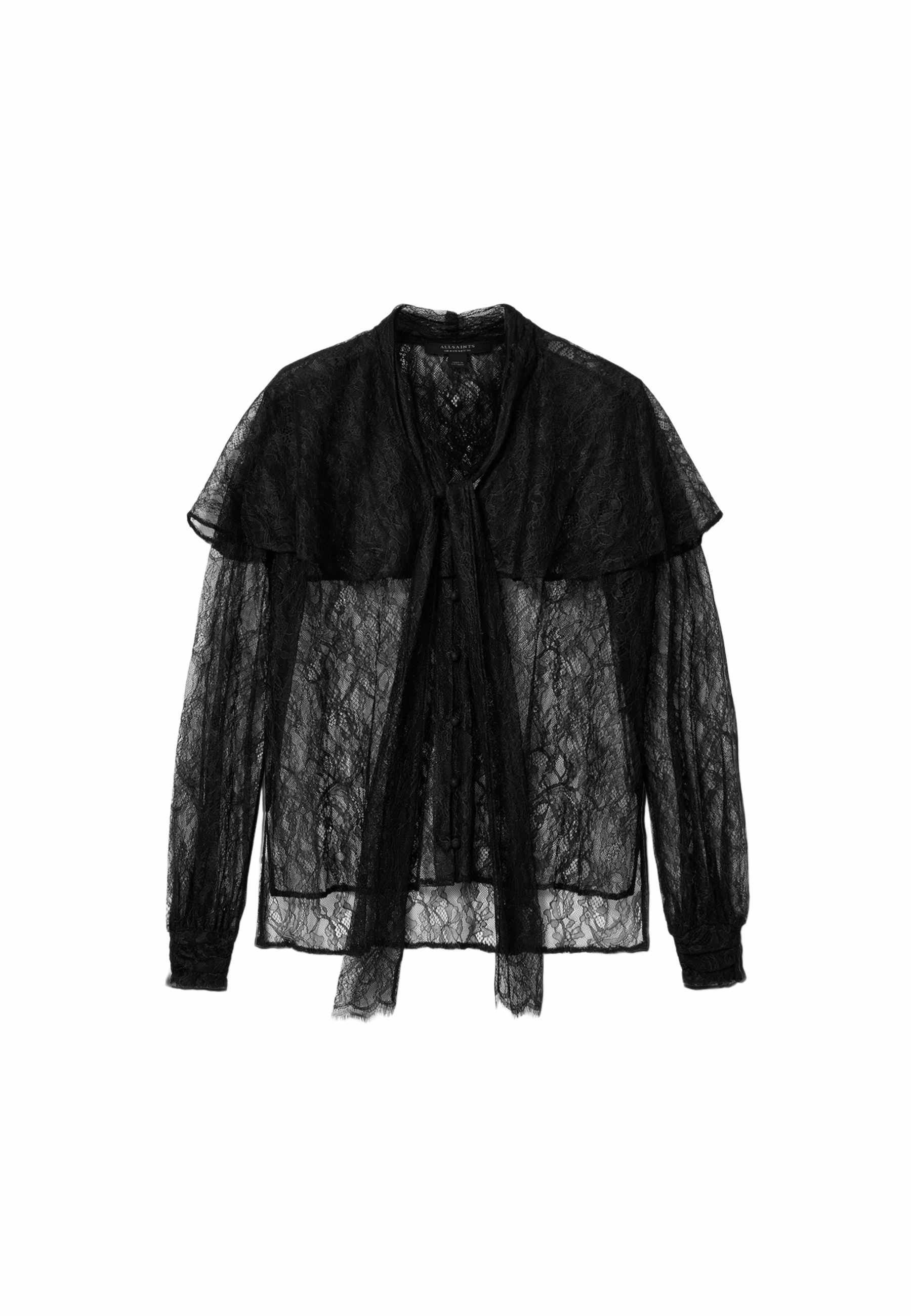 Schwarze Spitzenbluse mit einer Schleife vorne, langen Ärmeln mit gesammelten Bündchen und einem mehrlagigen Kragen, der ein strukturiertes, halbtransparentes Design schafft.