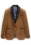 Brauner Samtblazer mit schwarzem Satin-Schalkragen, Ein-Knopf-Verschluss, seitlichen Taschen und bunt gemustertem Paisleylining, das innen sichtbar ist.