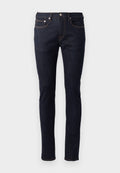 Dunkelblaue Jeans aus Denim mit schmaler Passform, Fünf-Taschen-Design, kontrastierenden orangen Nähten und einer Knopfverschluss.
