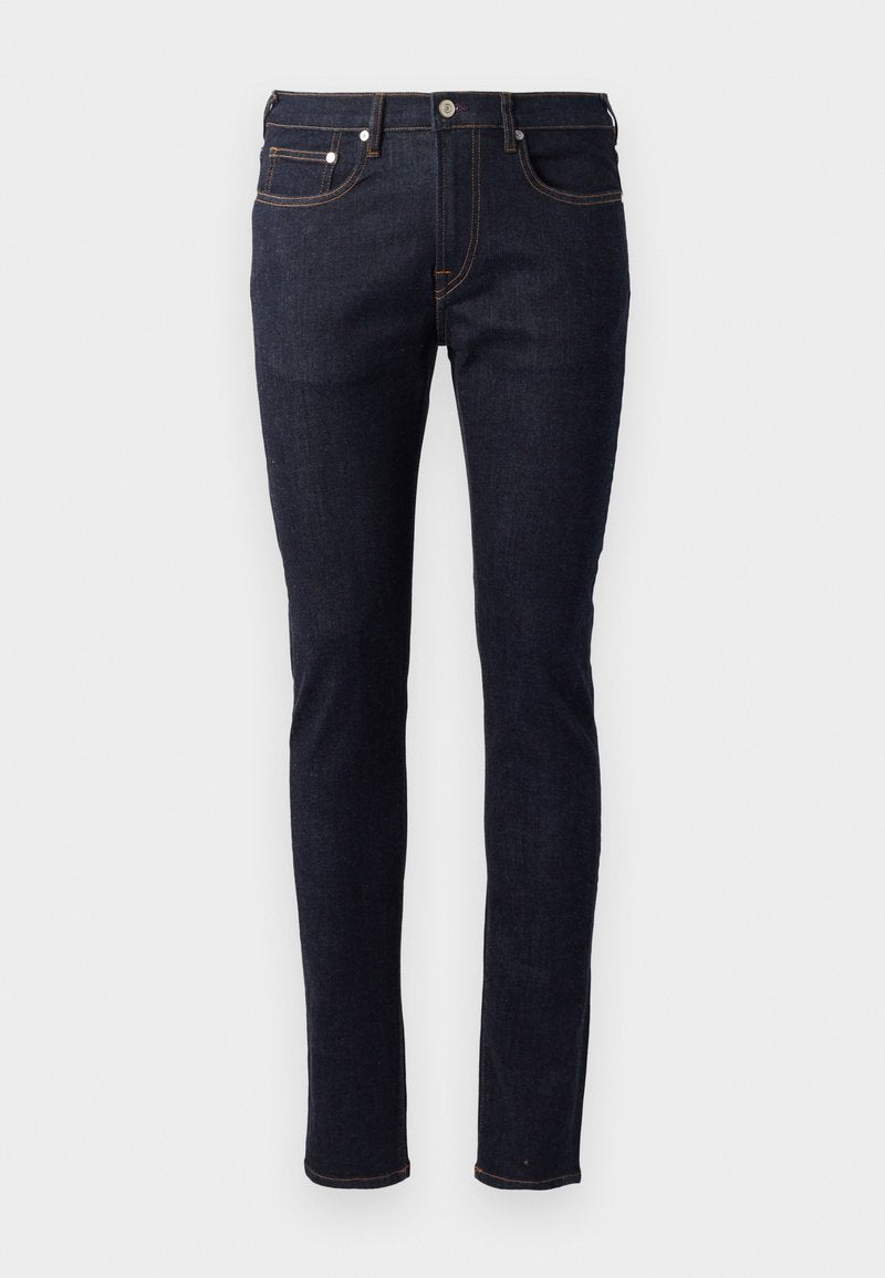 Dunkelblaue Jeans aus Denim mit schmaler Passform, Fünf-Taschen-Design, kontrastierenden orangen Nähten und einer Knopfverschluss.