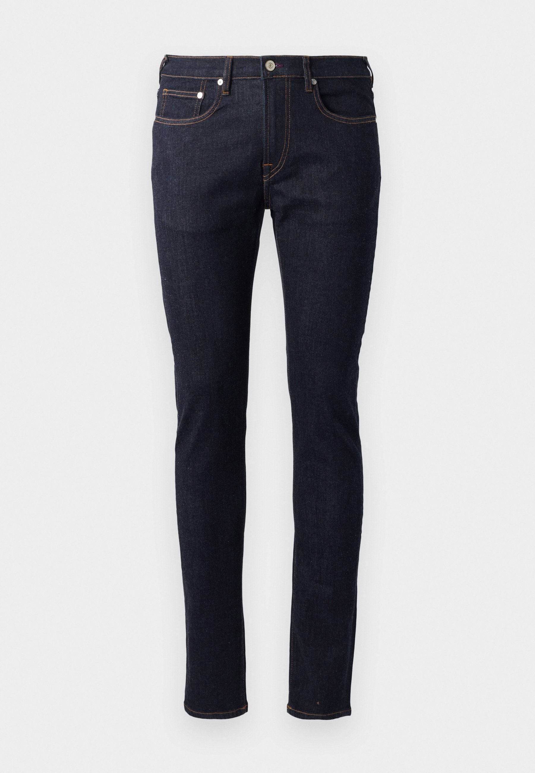 Dunkelblaue Jeans aus Denim mit schmaler Passform, Fünf-Taschen-Design, kontrastierenden orangen Nähten und einer Knopfverschluss.