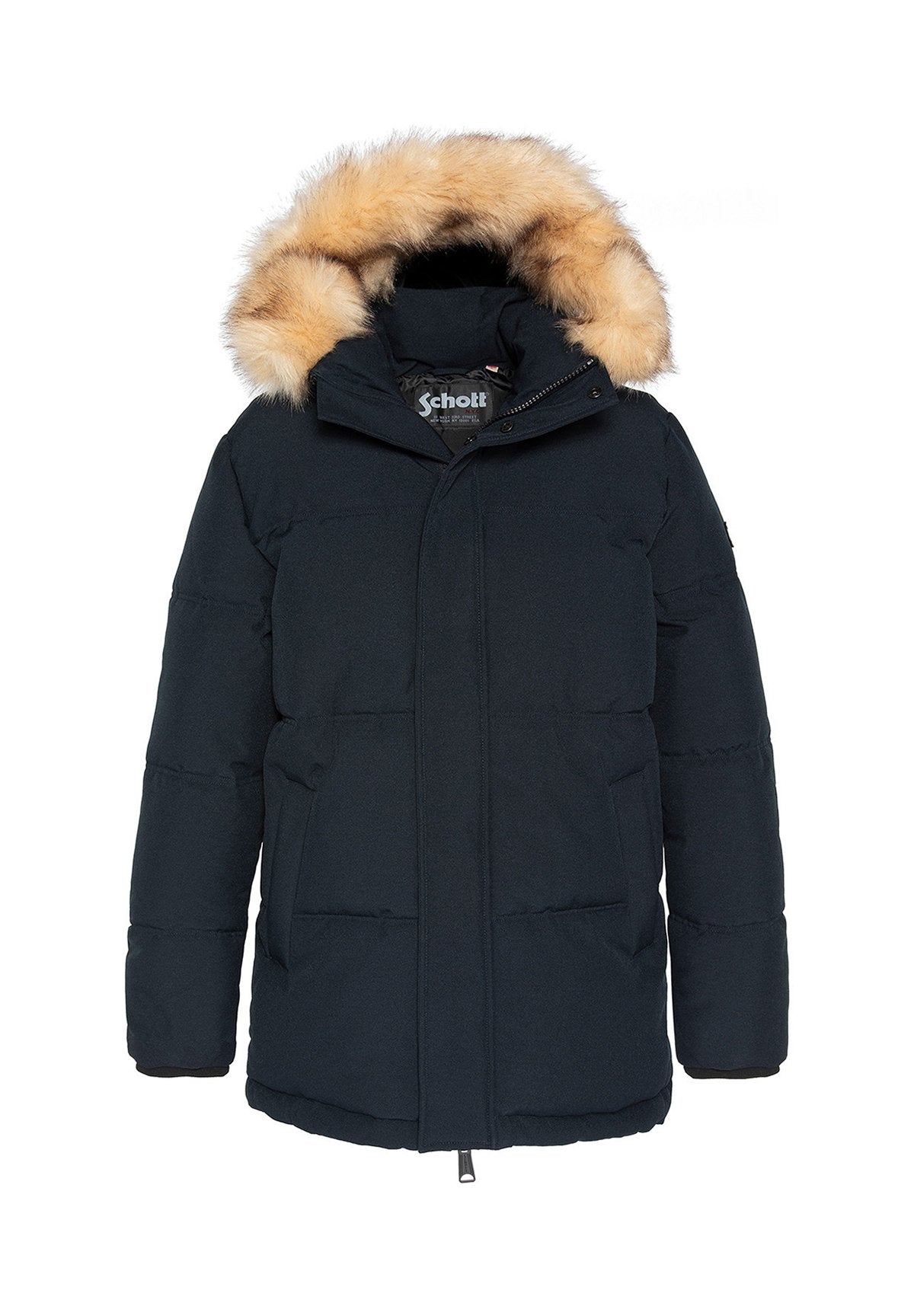 Schwarze Steppjacke mit kapuzenbesatz aus Fell, Reißverschluss vorne und zwei Seitentaschen. Das Material wirkt warm und strukturiert.