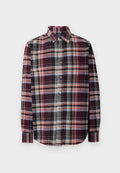 Karierte Button-Up-Bluse mit Kragen. Sie besteht aus burgunderroten, grauen und cremigen Farbtönen und hat einen strukturierten Stoff. Langen Ärmel und eine Vorderseitentasche.