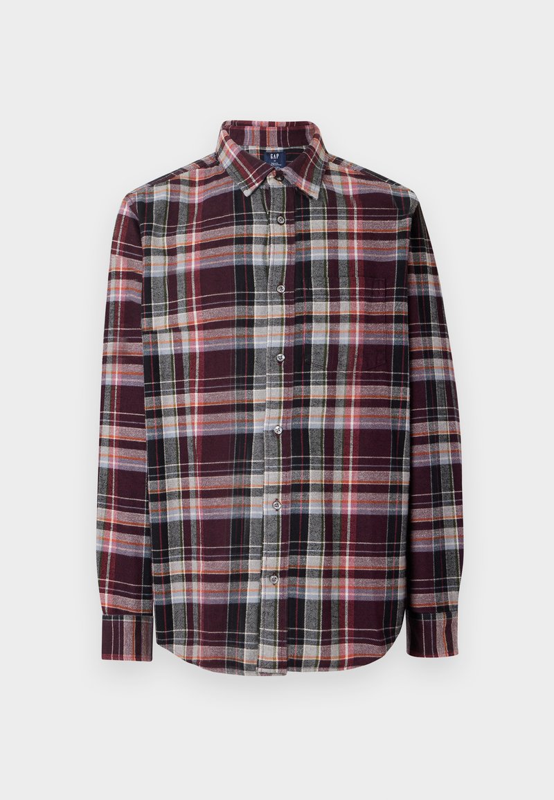 Karierte Button-Up-Bluse mit Kragen. Sie besteht aus burgunderroten, grauen und cremigen Farbtönen und hat einen strukturierten Stoff. Langen Ärmel und eine Vorderseitentasche.