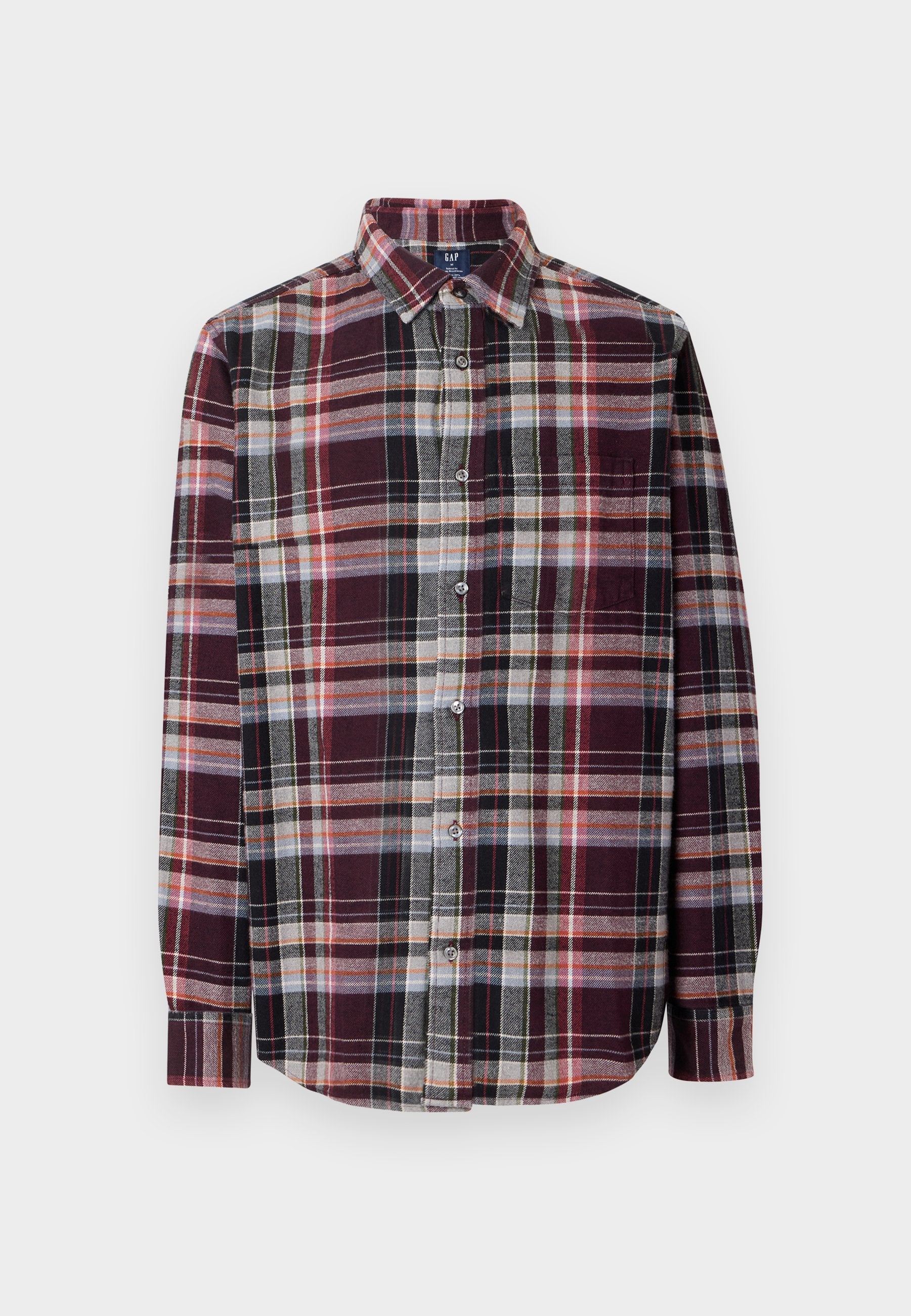 Karierte Button-Up-Bluse mit Kragen. Sie besteht aus burgunderroten, grauen und cremigen Farbtönen und hat einen strukturierten Stoff. Langen Ärmel und eine Vorderseitentasche.