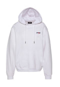 Weißes Kapuzen-Sweatshirt mit vorderer Tasche und "Schott N.Y.C"-Logo in Schwarz und Rot auf der linken Brust.