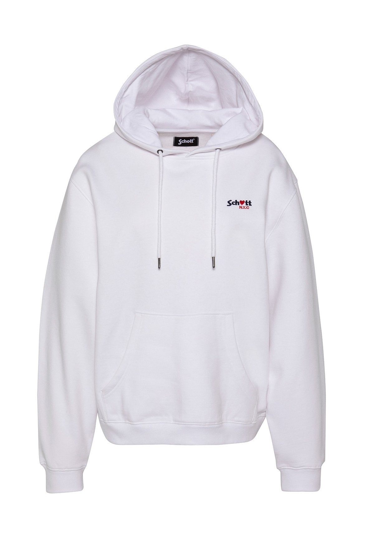 Weißes Kapuzen-Sweatshirt mit vorderer Tasche und "Schott N.Y.C"-Logo in Schwarz und Rot auf der linken Brust.