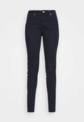 Dunkelblaue Skinny-Jeans aus Denim mit einer glatten Textur, hoher Taille, Kupferknopf und subtilen Nähakzenten.