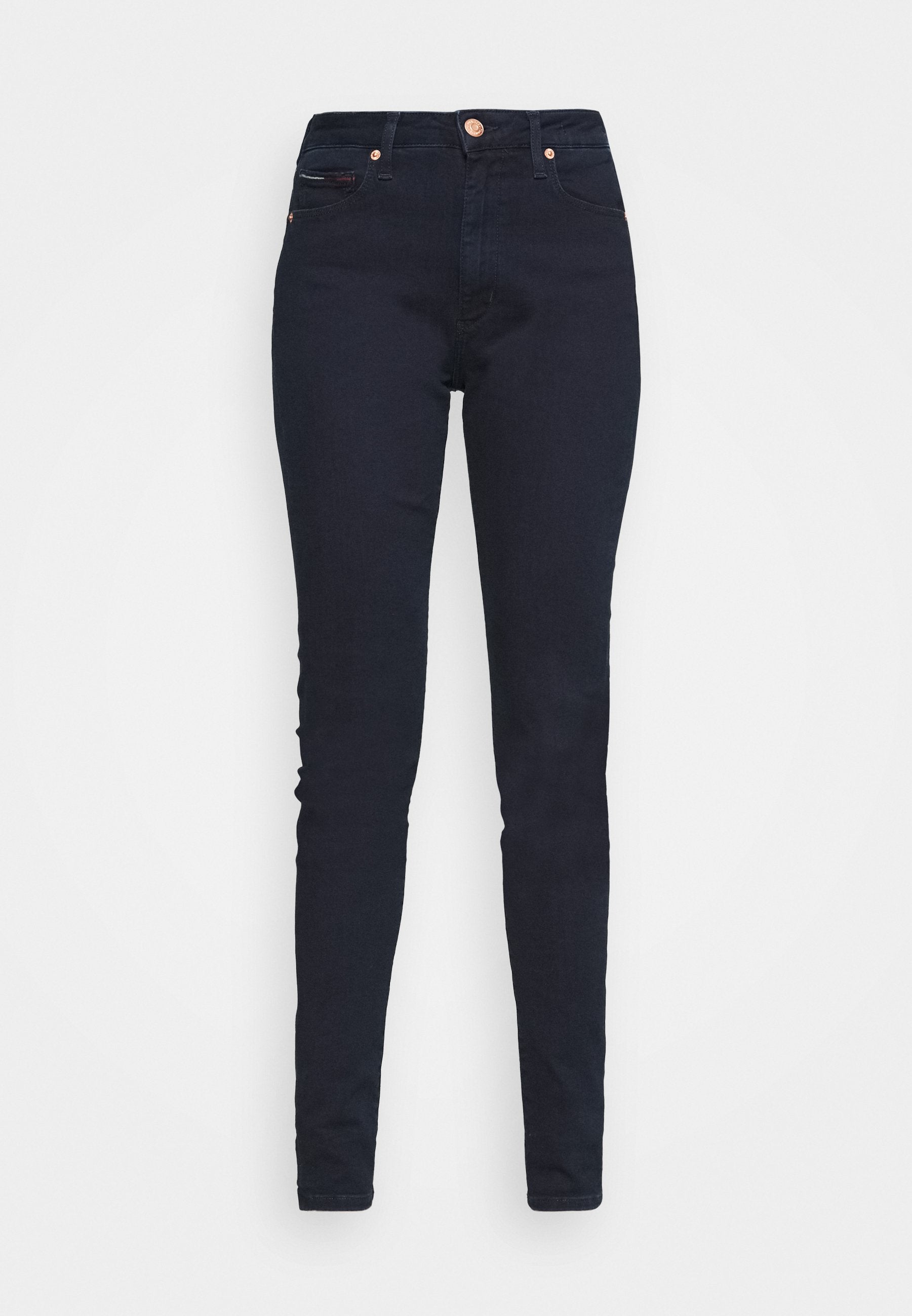 Dunkelblaue Skinny-Jeans aus Denim mit einer glatten Textur, hoher Taille, Kupferknopf und subtilen Nähakzenten.