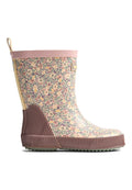 Gummistiefel mit Blumenmuster in Pastellfarben, mit einem rosa oberen Rand und einer strukturierten braunen, gerippten Sohle, mit einem Markenzeichen und einer Zuglasche versehen.