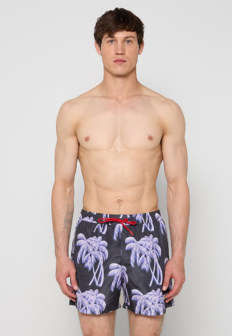 Herrenschwimmshorts aus schwarzem Stoff mit lila Palmenmuster. Mit rotem Kordelzug an der Taille. Normale Passform.