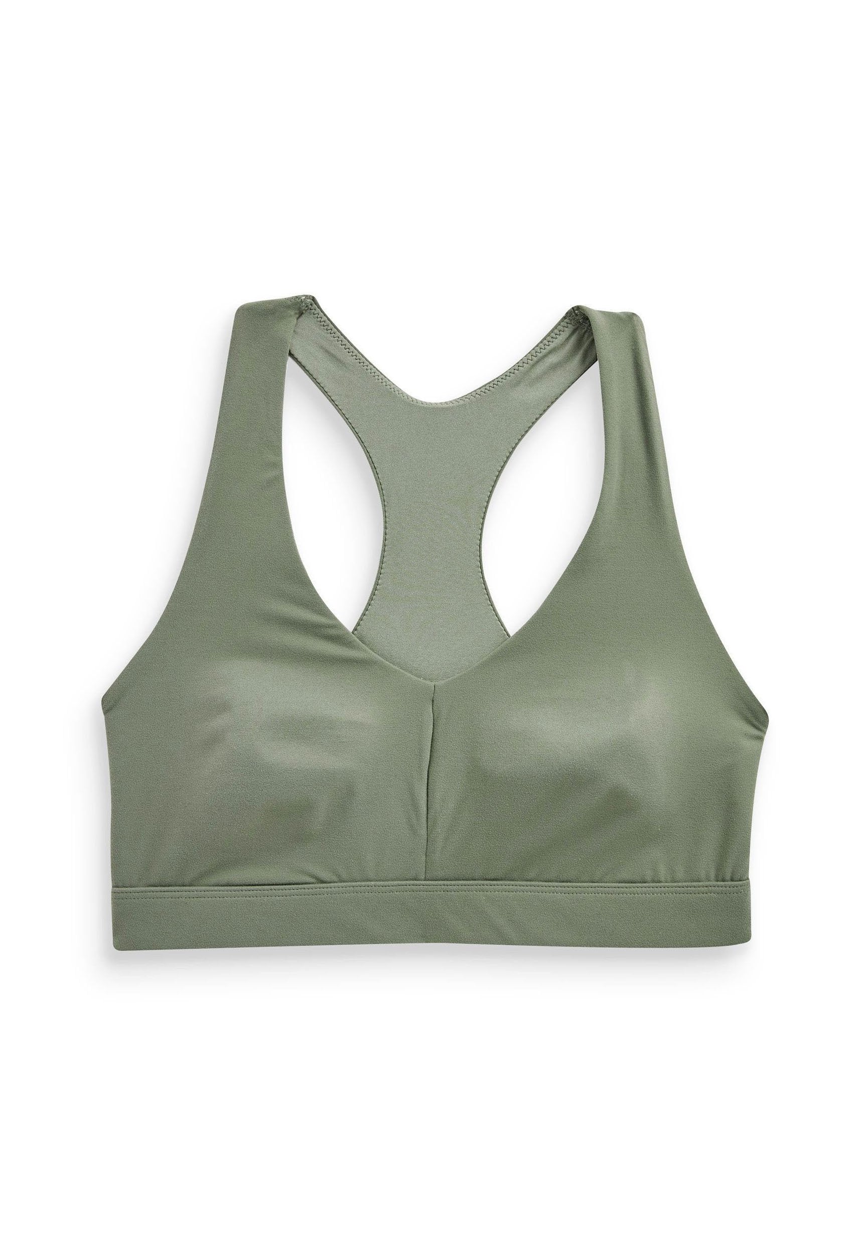 Olivgrüner Sport-BH mit V-Ausschnitt, breiten Trägern und Racerback-Stil. Hergestellt aus glattem, elastischem Stoff mit einem elastischen Saum.