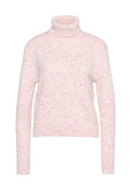 Rosa gesprenkelter Strickpullover mit Rollkragen, langen Ärmeln sowie gerippten Bündchen und Saum.