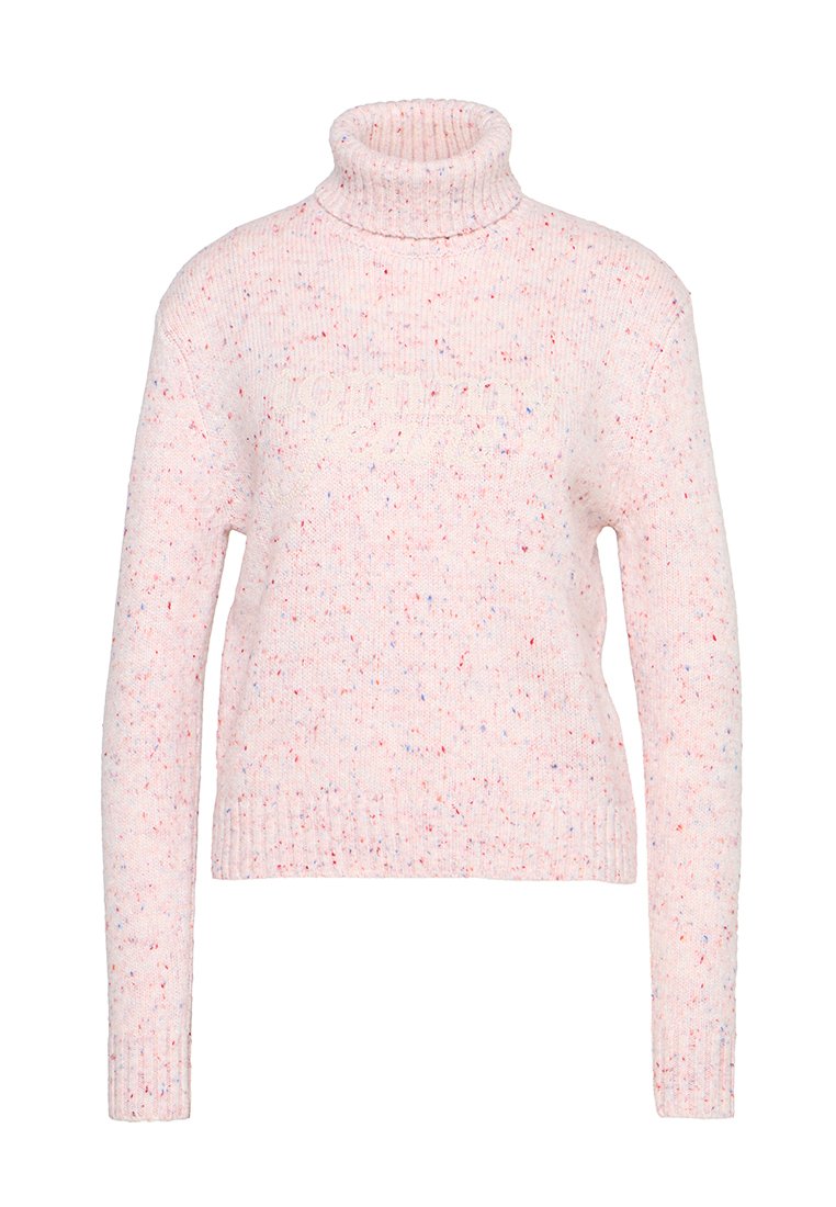 Rosa gesprenkelter Strickpullover mit Rollkragen, langen Ärmeln sowie gerippten Bündchen und Saum.