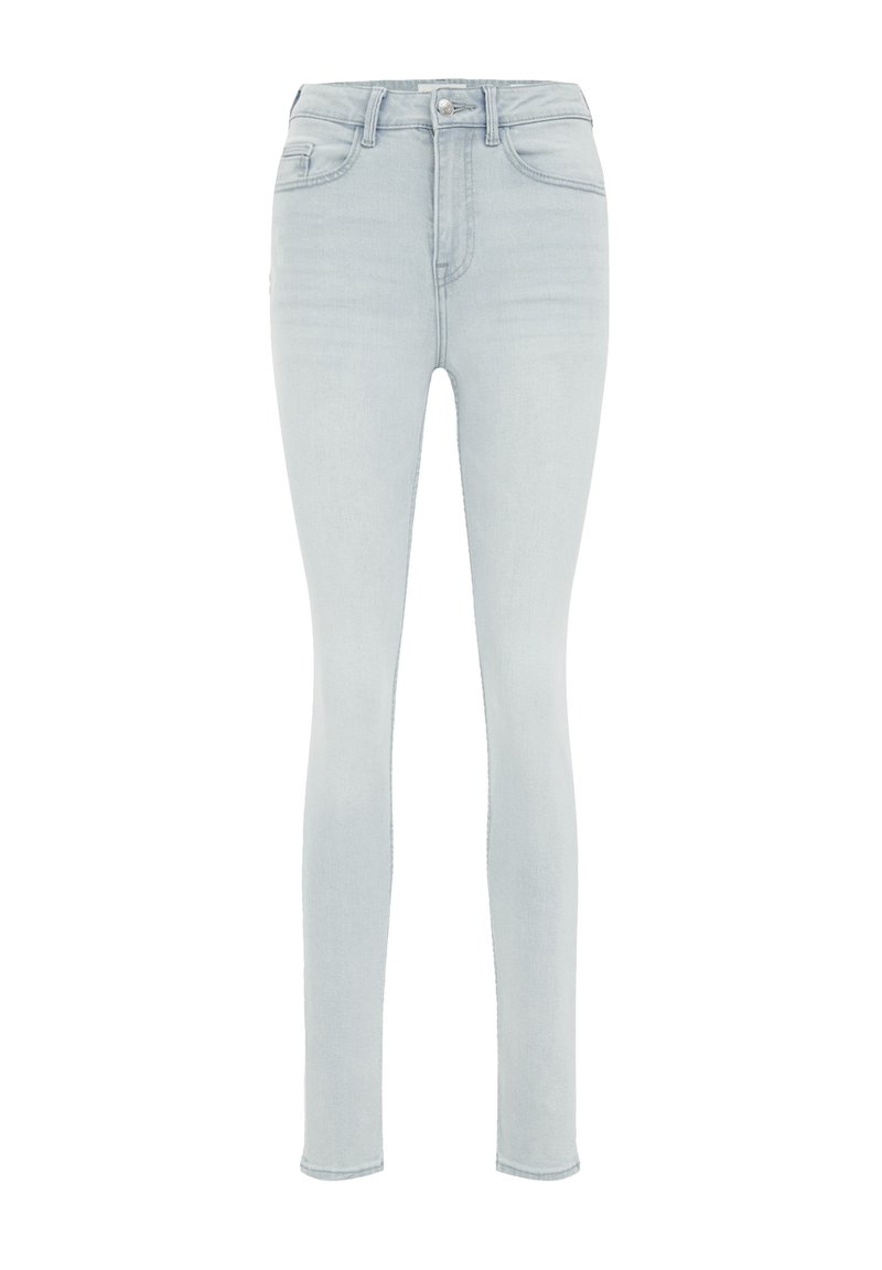 Helle blaue Skinny Jeans aus Denim, mit hoher Taille, traditionellem Fünf-Taschen-Design und dezenten Steppnähten.