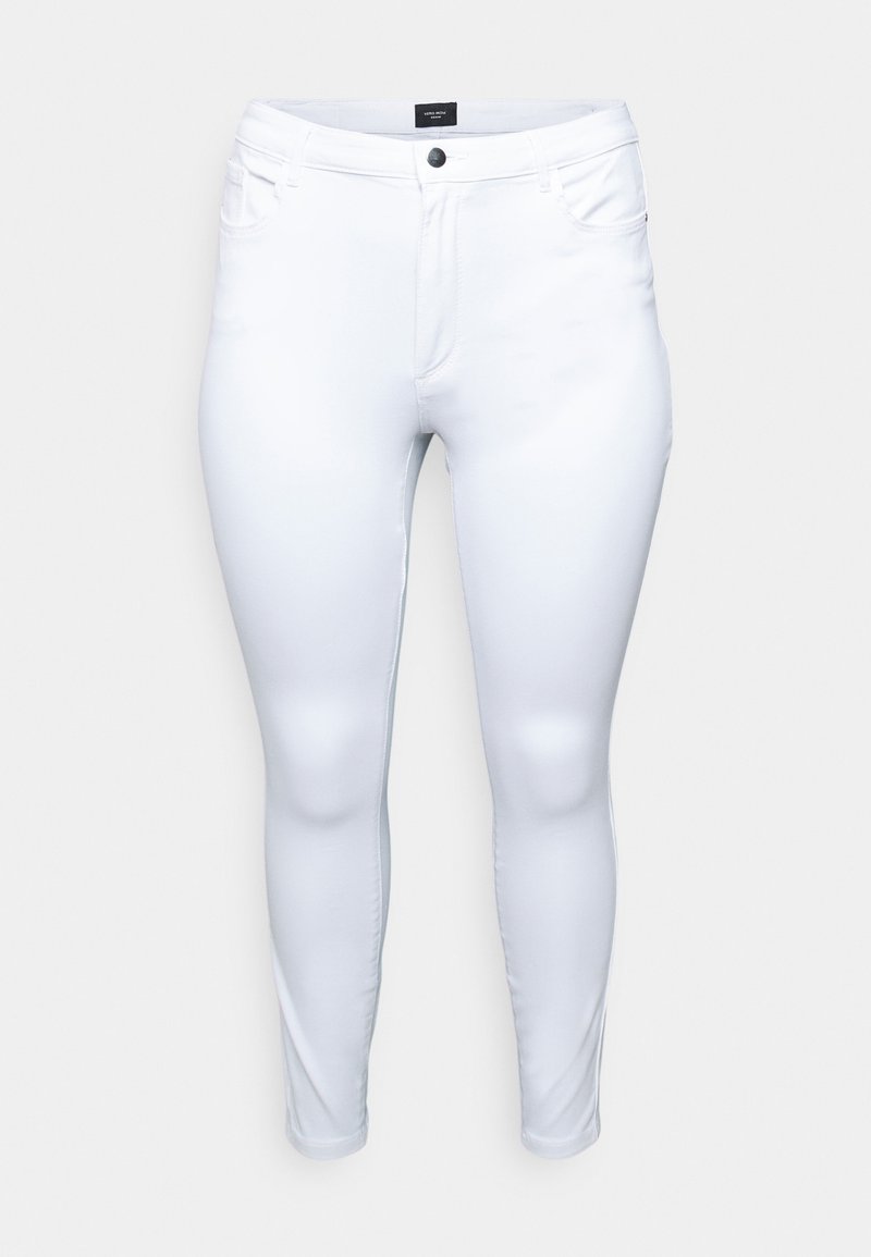 Weiße, figurbetonte Jeans aus stretchigem Material, ausgestattet mit einem Reißverschluss, einem einzelnen Knopfverschluss und fünf Taschen zur Aufbewahrung.