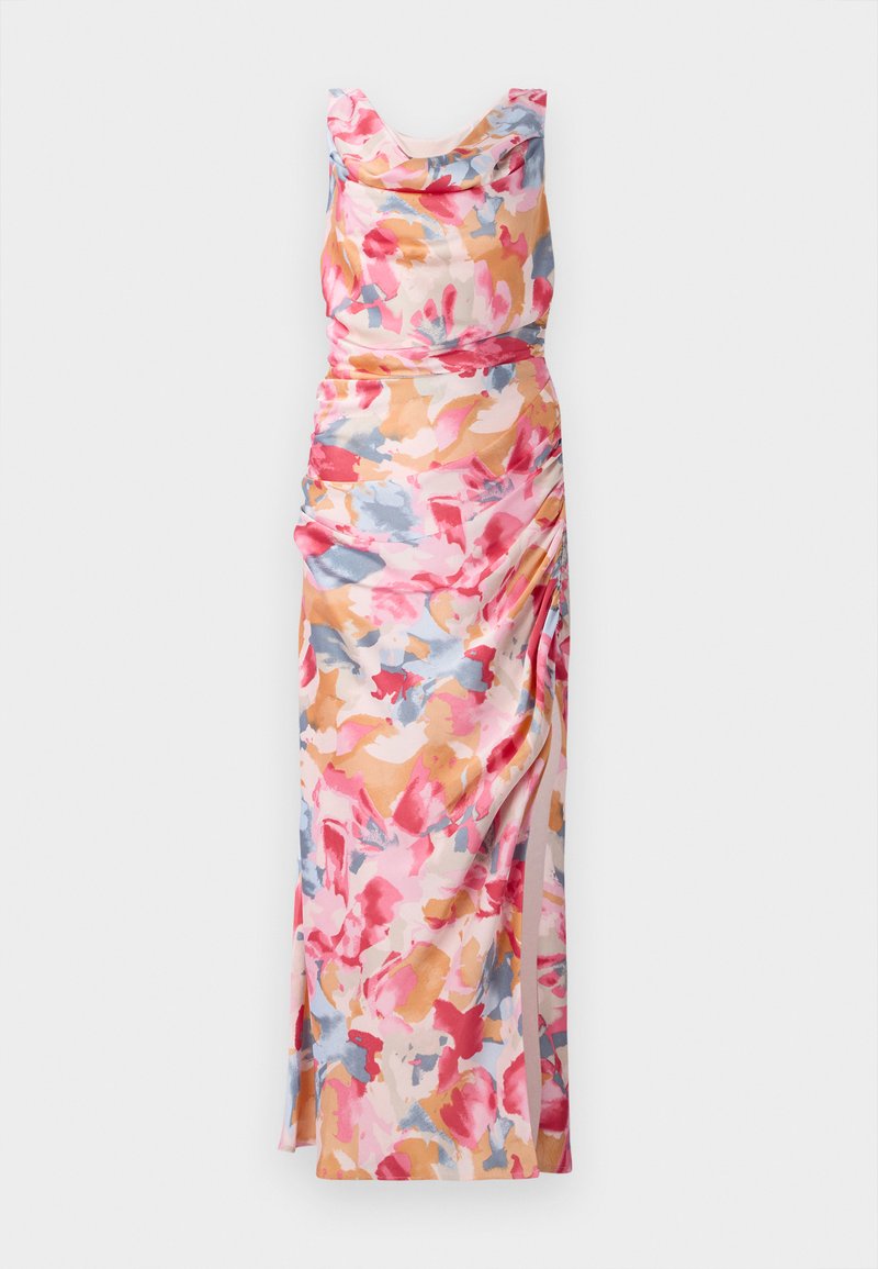 Blumenbedrucktes Kleid in Rosa-, Orange- und Blautönen, mit drapiertem Ausschnitt und Raffung an der Seite, aus leichtem Stoff gefertigt.