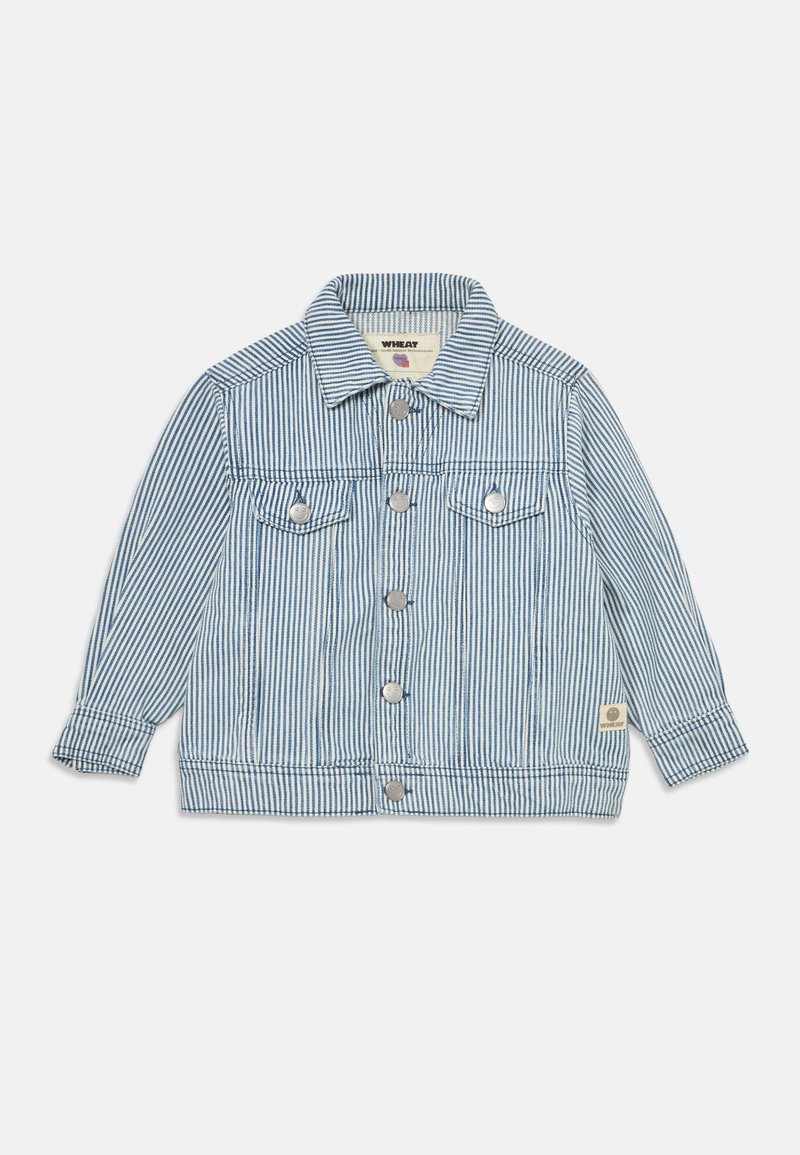 Gestreifte blau-weiße Denimjacke mit Kragen, zwei Fronttaschen und silbernen Knopfverschlüssen vorne. Weiche Textur.