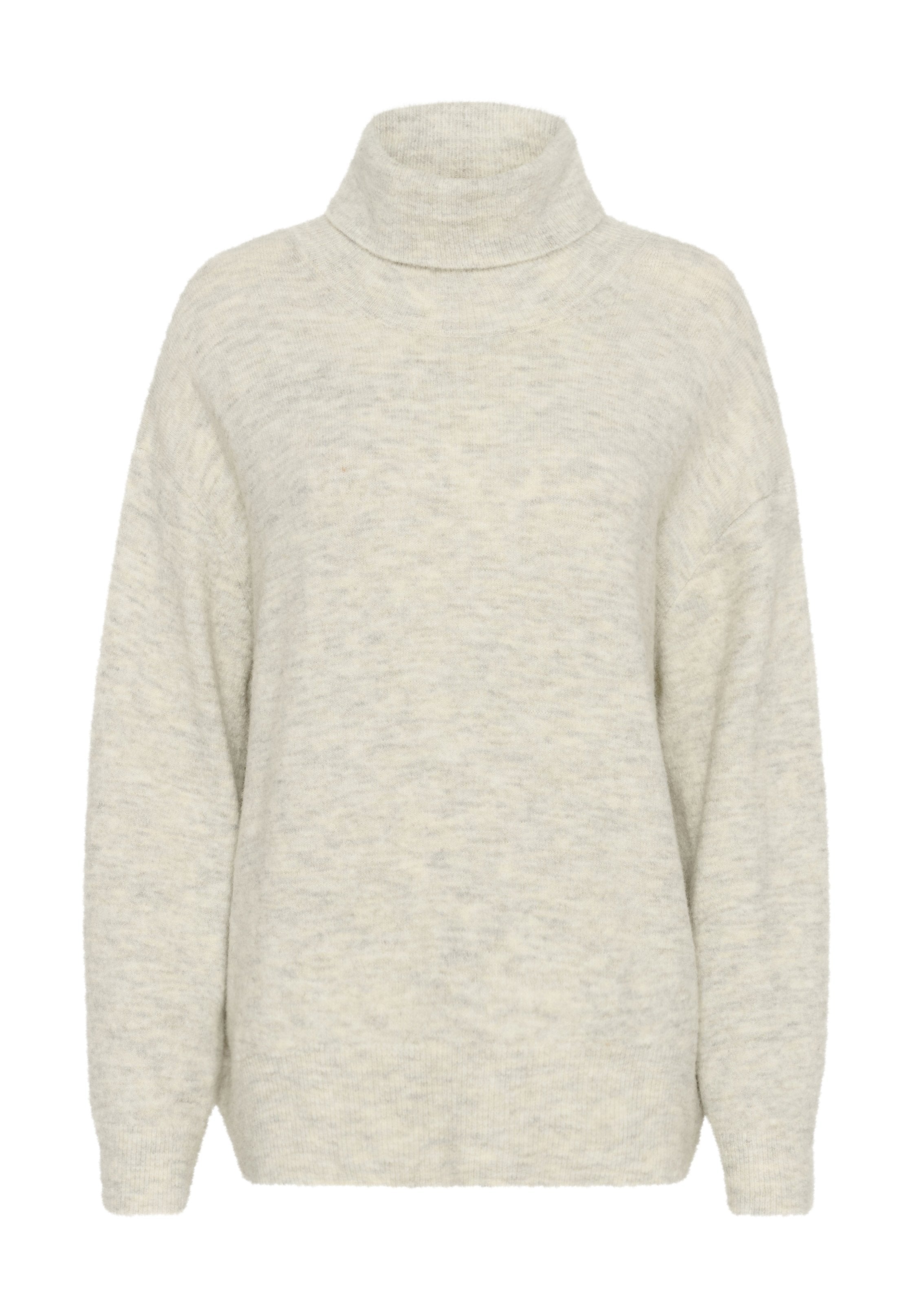 Hellgrauer Rollkragenpullover aus weichem Strickmaterial. Bietet eine lockere Passform, raglanähnliche Schultern und gerippte Bündchen.