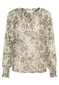 Cremfarbene Bluse mit grauem Blumenmuster, langen gepufften Ärmeln, die an den Bündchen gerafft sind, und einem V-Ausschnitt mit einer kurzen Knopfleiste.