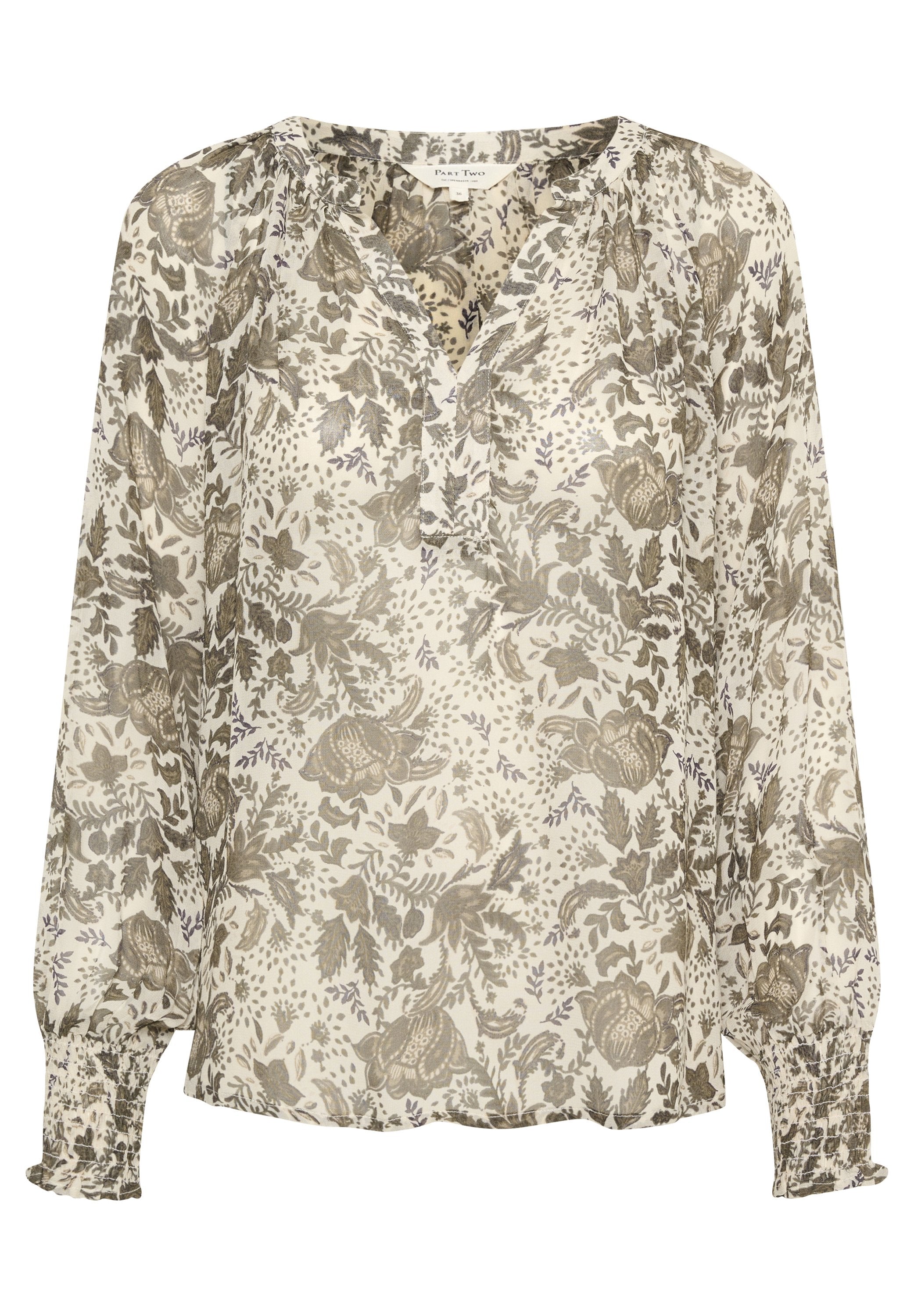 Cremfarbene Bluse mit grauem Blumenmuster, langen gepufften Ärmeln, die an den Bündchen gerafft sind, und einem V-Ausschnitt mit einer kurzen Knopfleiste.