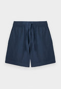 Marineblaue, strukturierte Stoffshorts mit elastischem Bund und vorderem Kordelzug, mit Seitentaschen und lockerem Schnitt.