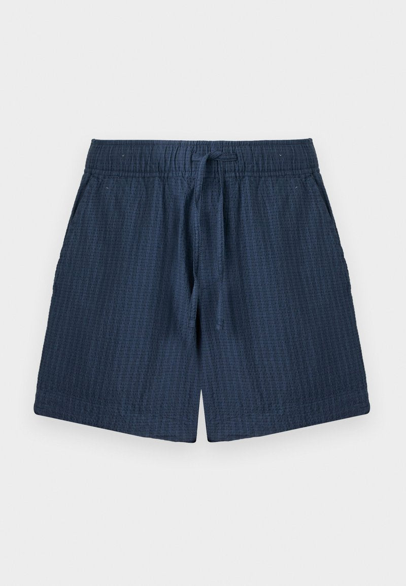 Marineblaue, strukturierte Stoffshorts mit elastischem Bund und vorderem Kordelzug, mit Seitentaschen und lockerem Schnitt.
