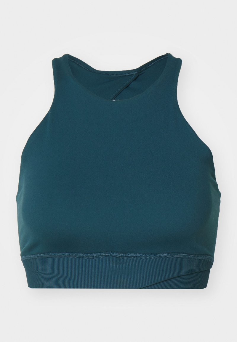 Türkiser Sport-BH mit Rundhalsausschnitt, Racerback-Design und breitem, geripptem Bündchen. Glatte Textur, aus dehnbarem Material gefertigt.
