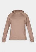 Brauner Nike-Hoodie mit langen Ärmeln, einer Kängurutasche und einer Kapuze mit Kordelzug, gefertigt aus glattem, leichtem Material.