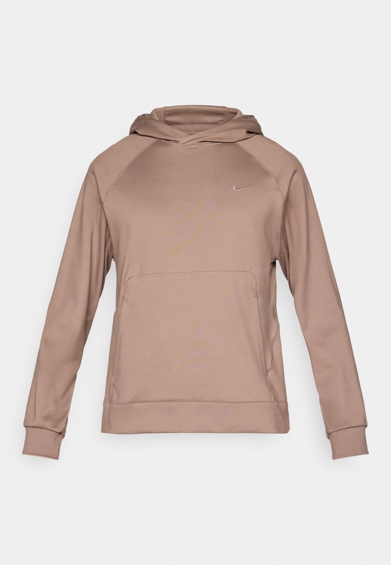 Brauner Nike-Hoodie mit langen Ärmeln, einer Kängurutasche und einer Kapuze mit Kordelzug, gefertigt aus glattem, leichtem Material.