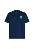 Marineblaues T-Shirt aus Baumwolle mit rundem Ausschnitt und kurzen Ärmeln. Es hat ein kreisförmiges hellblaues Logo auf der linken Brust.