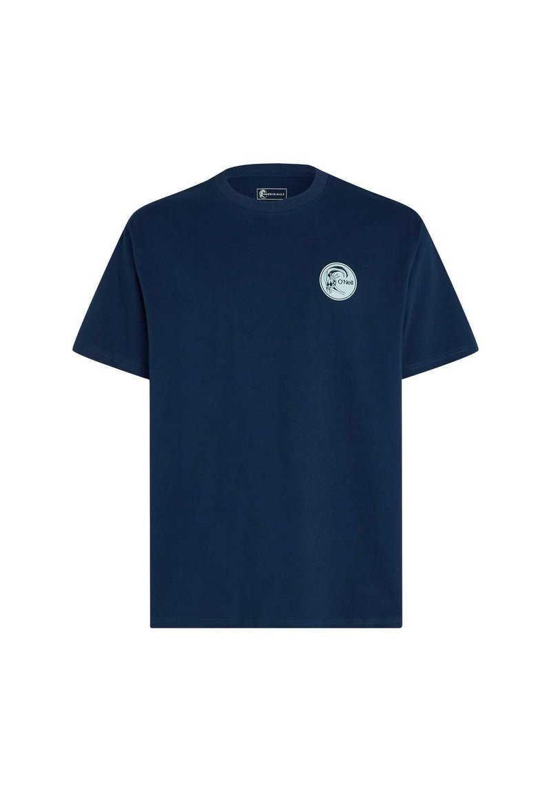 Marineblaues T-Shirt aus Baumwolle mit rundem Ausschnitt und kurzen Ärmeln. Es hat ein kreisförmiges hellblaues Logo auf der linken Brust.