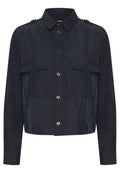 Marineblaue, langärmelige Shirtjacke mit kragenförmigem Ausschnitt, zwei vorderen Taschen,knopfverschluss und strukturiertem Stoff.