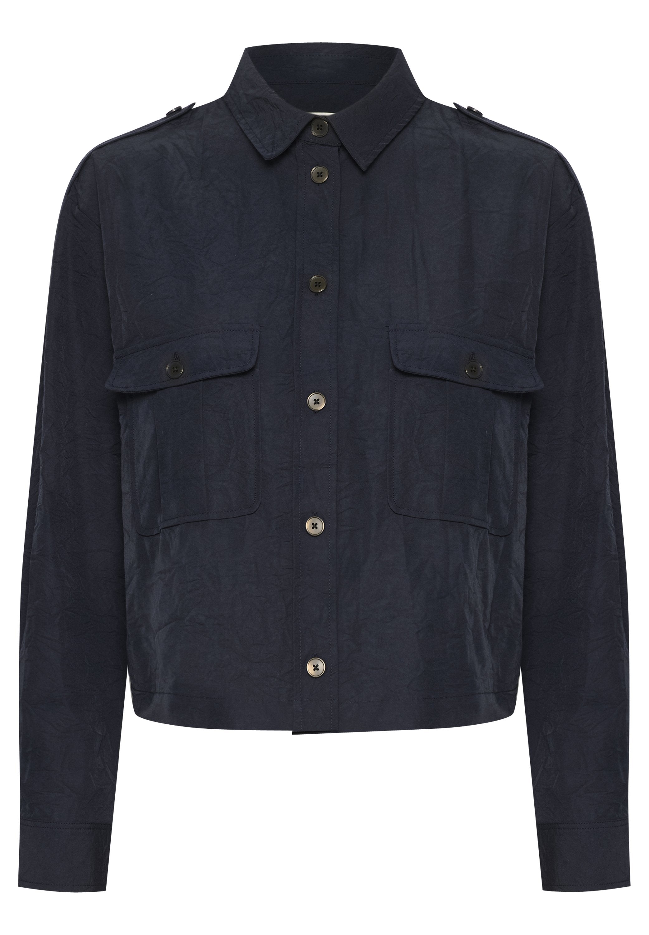 Marineblaue, langärmelige Shirtjacke mit kragenförmigem Ausschnitt, zwei vorderen Taschen,knopfverschluss und strukturiertem Stoff.