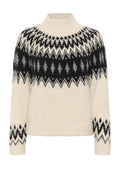 Cremfarbener Pullover aus weichem Stoff, mit einem schwarz-grauen geometrischen Muster um den Halsausschnitt und die Bündchen, mit einem hohen Halsauschnitt.