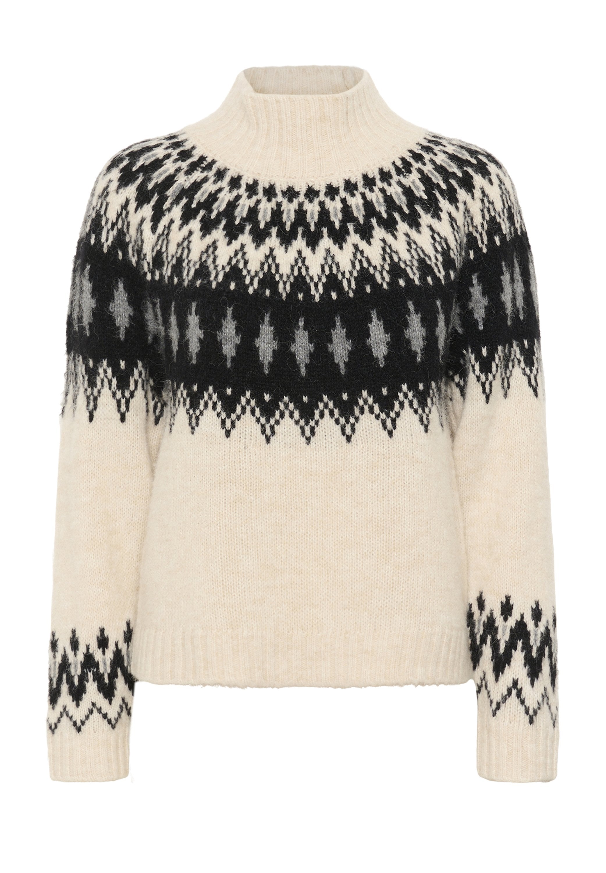 Cremfarbener Pullover aus weichem Stoff, mit einem schwarz-grauen geometrischen Muster um den Halsausschnitt und die Bündchen, mit einem hohen Halsauschnitt.