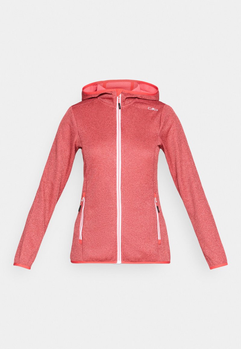 Rote Kapuzenjacke mit durchgehendem Reißverschluss, zwei Reißverschlusstaschen und kleinem weißem Logo auf der Brust, für Frauen entworfen.