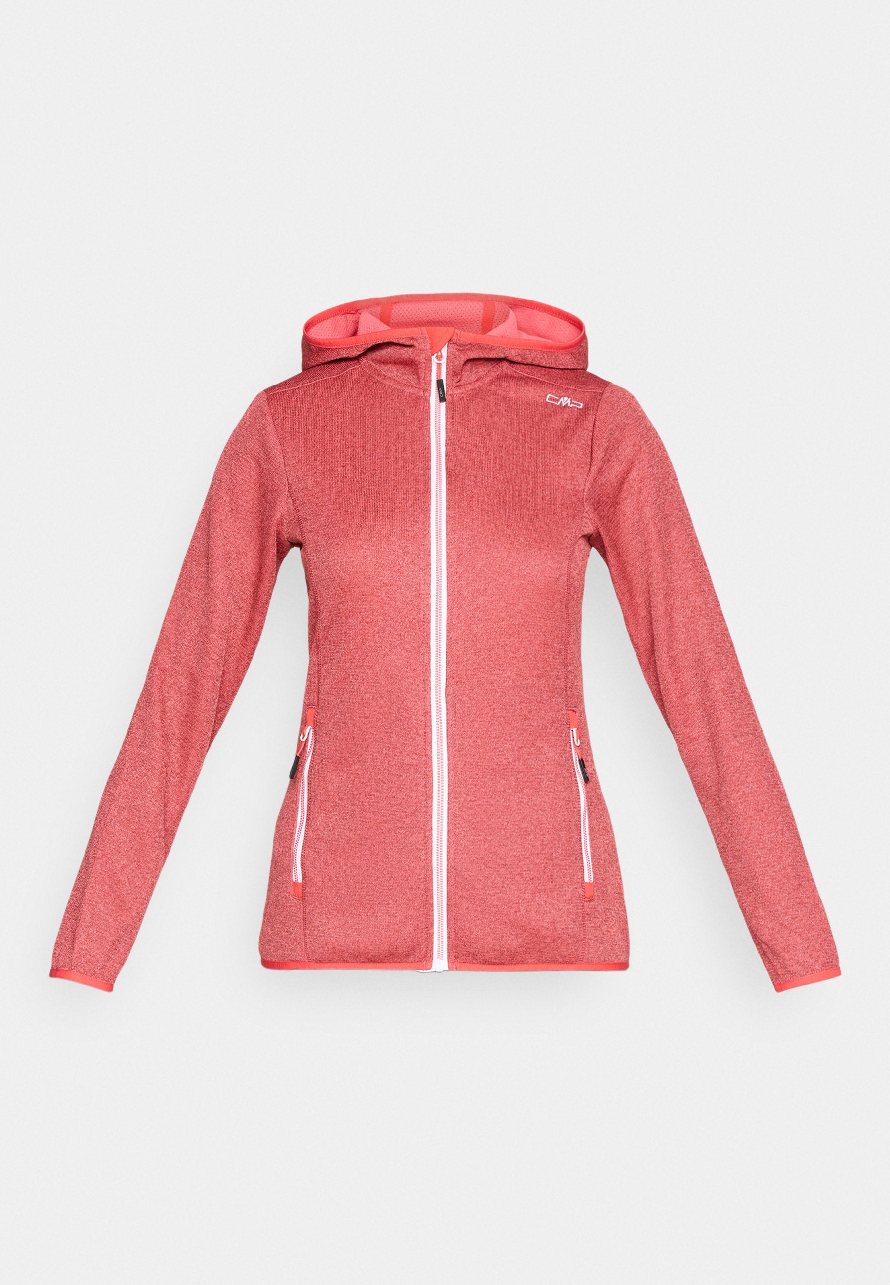 Rote Kapuzenjacke mit durchgehendem Reißverschluss, zwei Reißverschlusstaschen und kleinem weißem Logo auf der Brust, für Frauen entworfen.