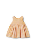 Gelbes und pinkes kariertes Kleid, ärmellos mit einem runden Ausschnitt, gerafftem Rock und einer Knopfleiste hinten. Baumwollstoff.