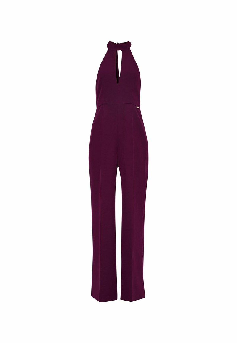 Bordeauxfarbener Jumpsuit mit hohem Kragen, Schlüsselloch-Front und weitem Bein-Design. Hergestellt aus glattem Stoff mit taillierter Passform und dezenten seitlichen Akzenten.